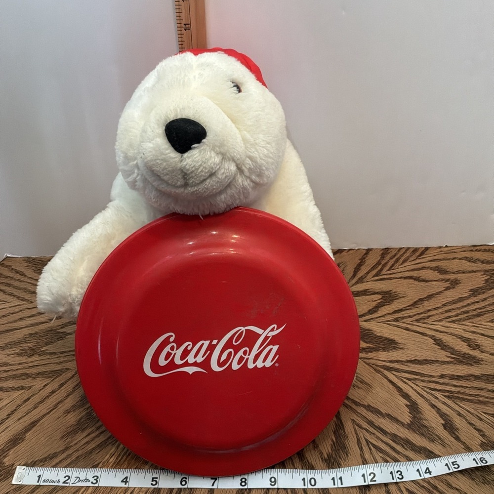 The Coca-Cola Company Plush White Polar Bear By Dakin~Red Hat~and Frisbee 95 Lot